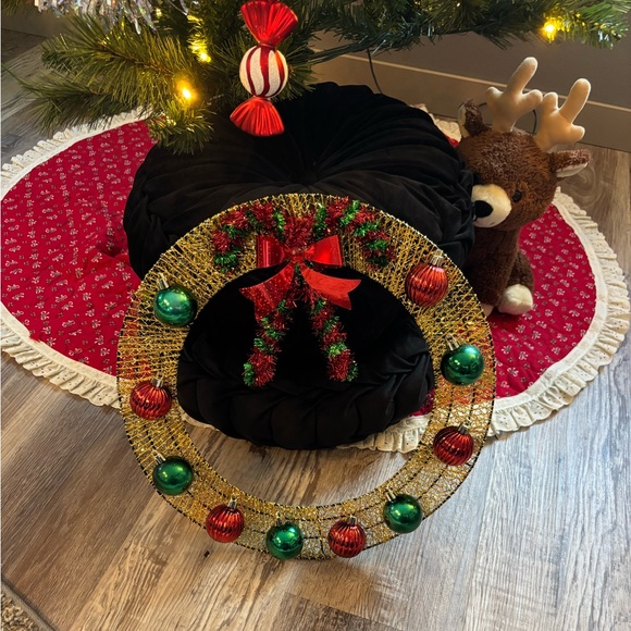 Christmas holiday wreath green red gold bulbs homemade handmade candy canes 14” - Picture 2 of 5